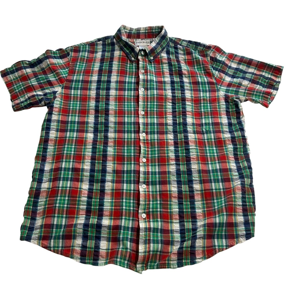John Blair Mens XL Plaid Seersucker Short Sleeve Button Down Shirt Multi-Color
